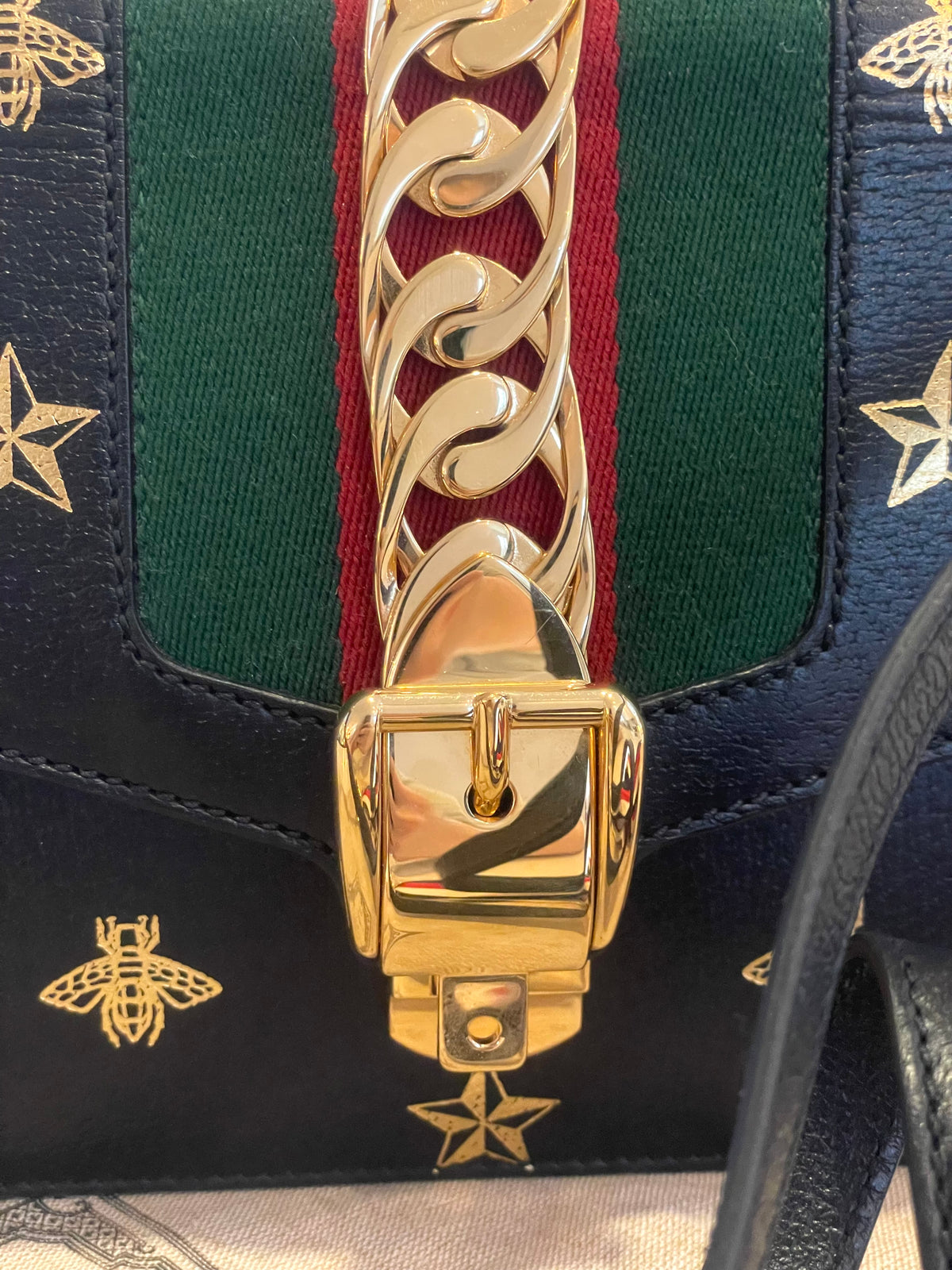 Gucci Sylvie Bee Star Medium Black with Ribbon strap