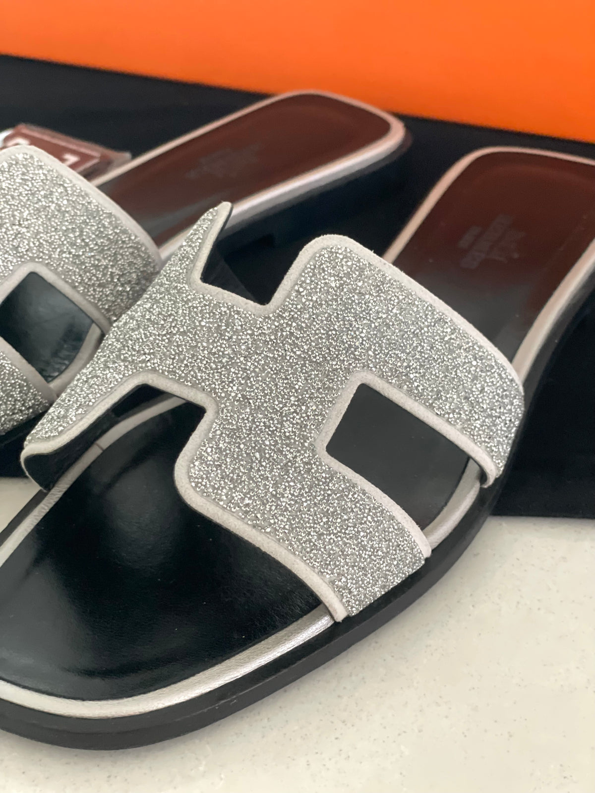 Hermès Oran Silver glitter Slide Sandals