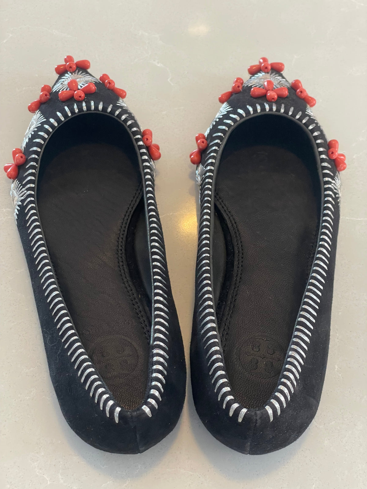 Tory Burch New Pointy Toe Black Suede Flats with Embroidery