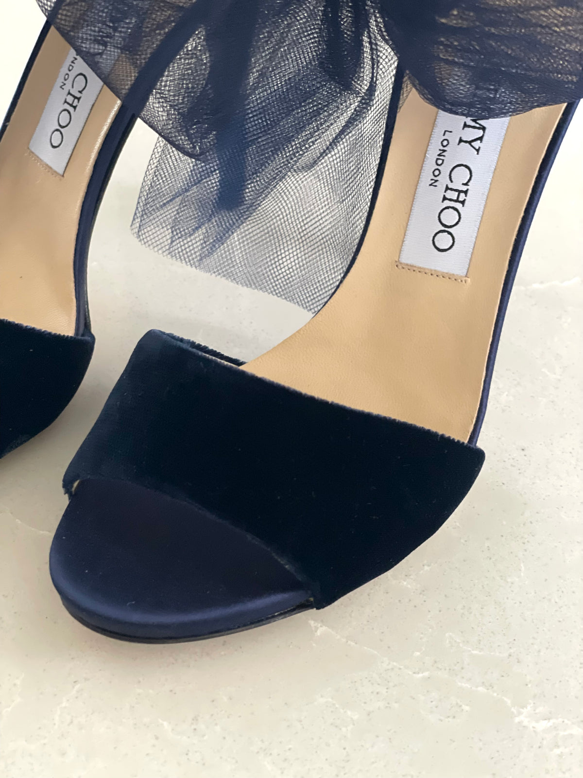 Jimmy Choo Lilith Midnight Blue Velvet Tulle Bow Stiletto