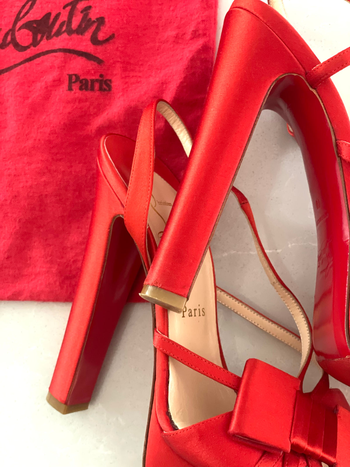 Christian Louboutin Red Satin Platform Slingback Heels with Bow Accent
