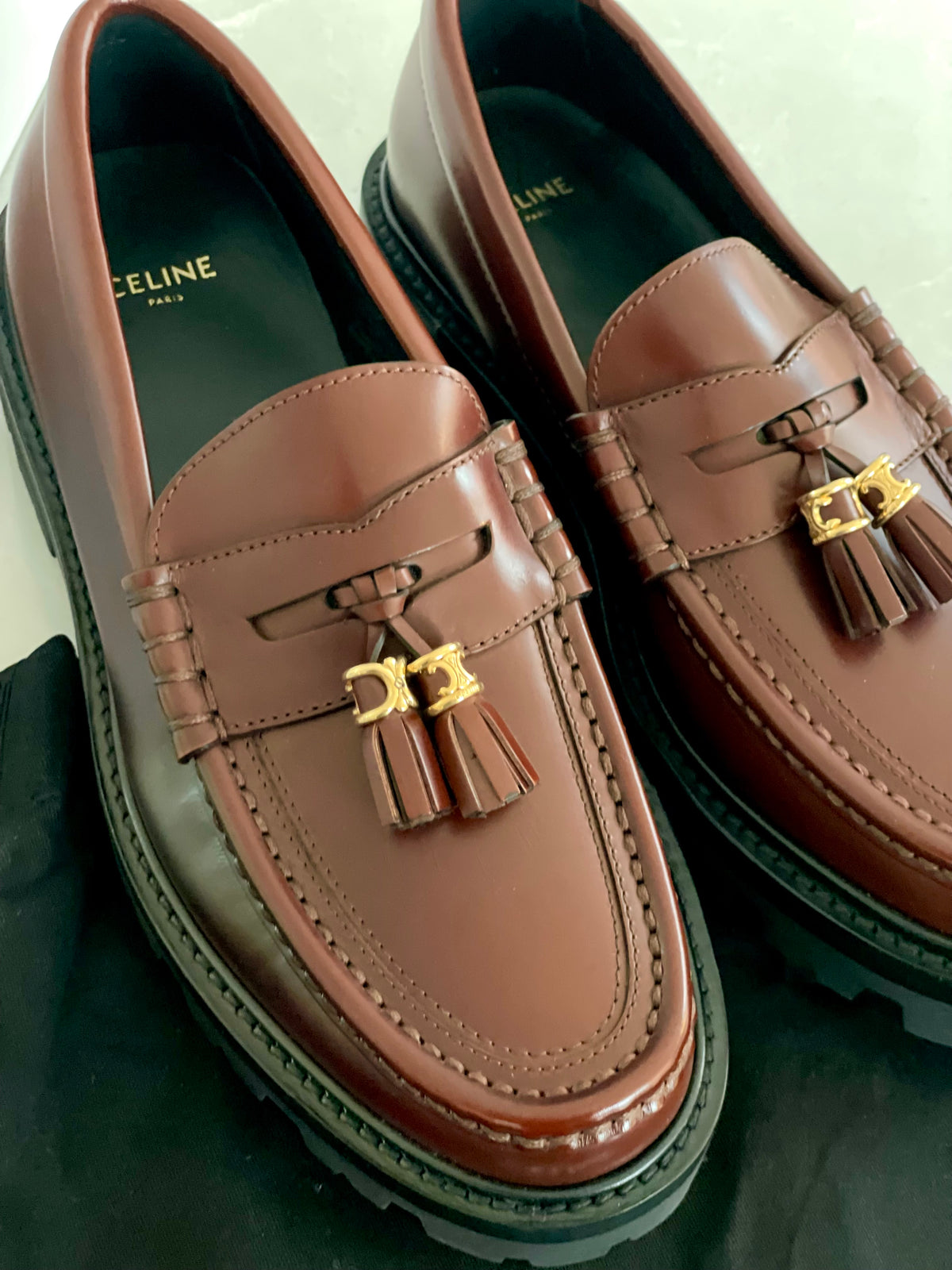 Celine Triomphe Burgundy Tassel Chunky Sole Leather Loafers