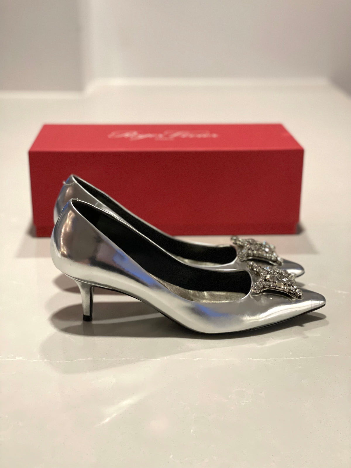 Roger Vivier Flower Strass Buckle Silver Embellished Kitten Heels