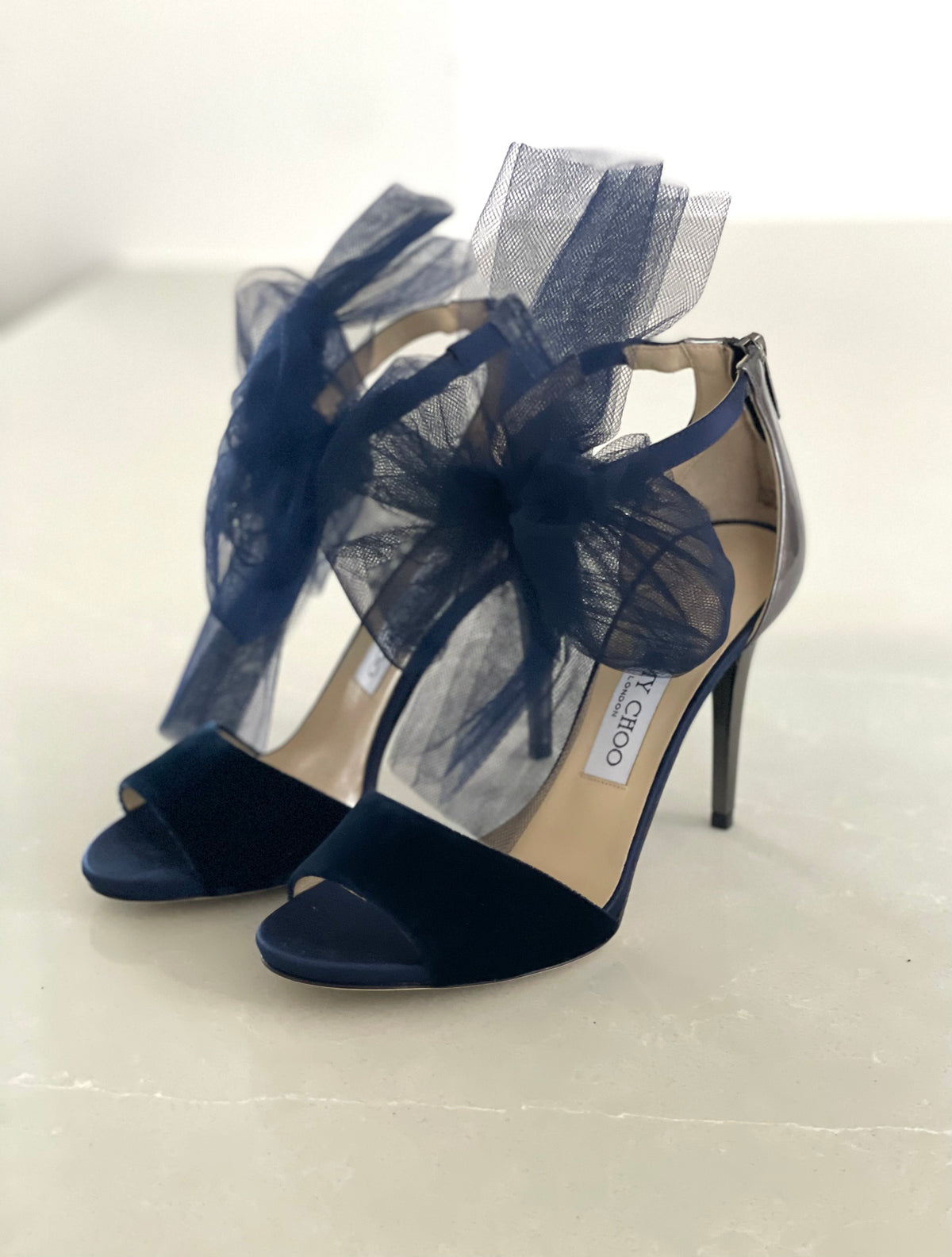Jimmy Choo Lilith Midnight Blue Velvet Tulle Bow Stiletto