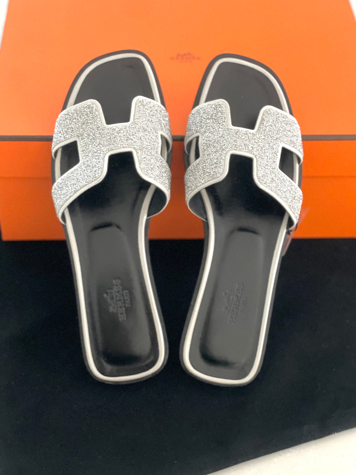 Hermès Oran Silver glitter Slide Sandals
