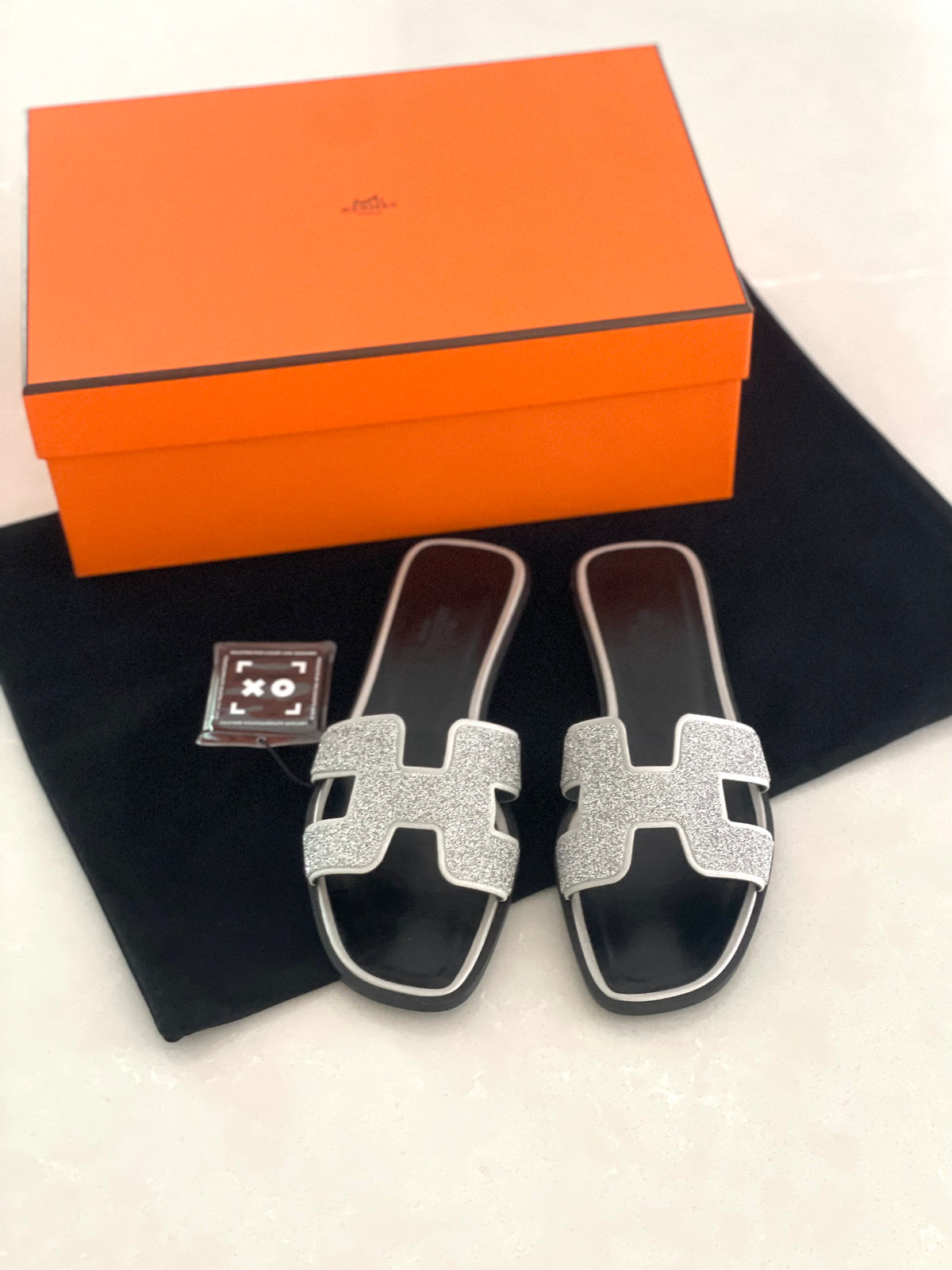 Hermès Oran Silver glitter Slide Sandals