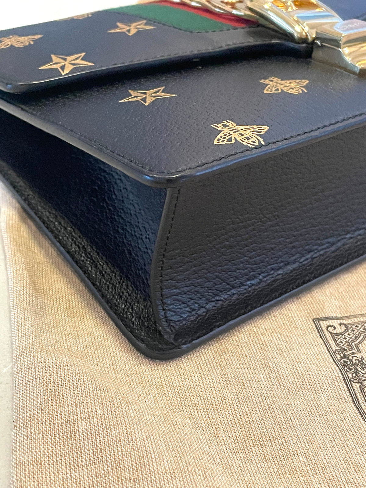 Gucci Sylvie Bee Star Medium Black with Ribbon strap