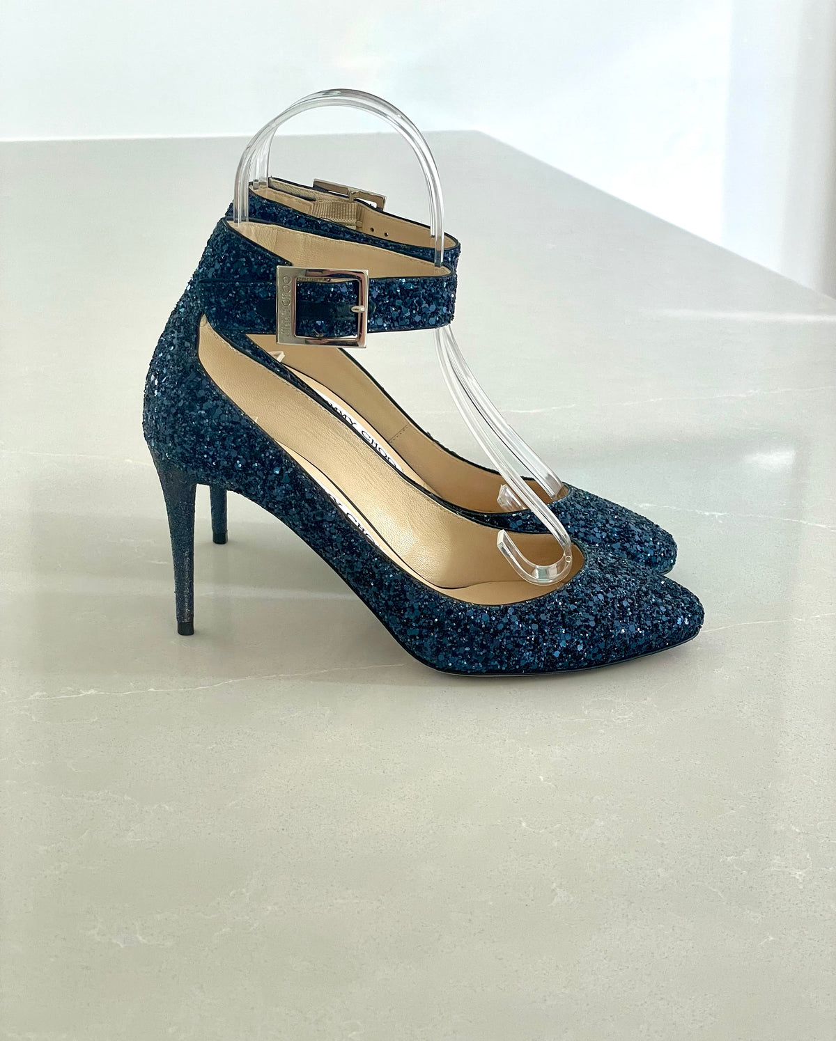Jimmy Choo Helena Navy Blue Glitter Ankle-Strap Stilettos Heels