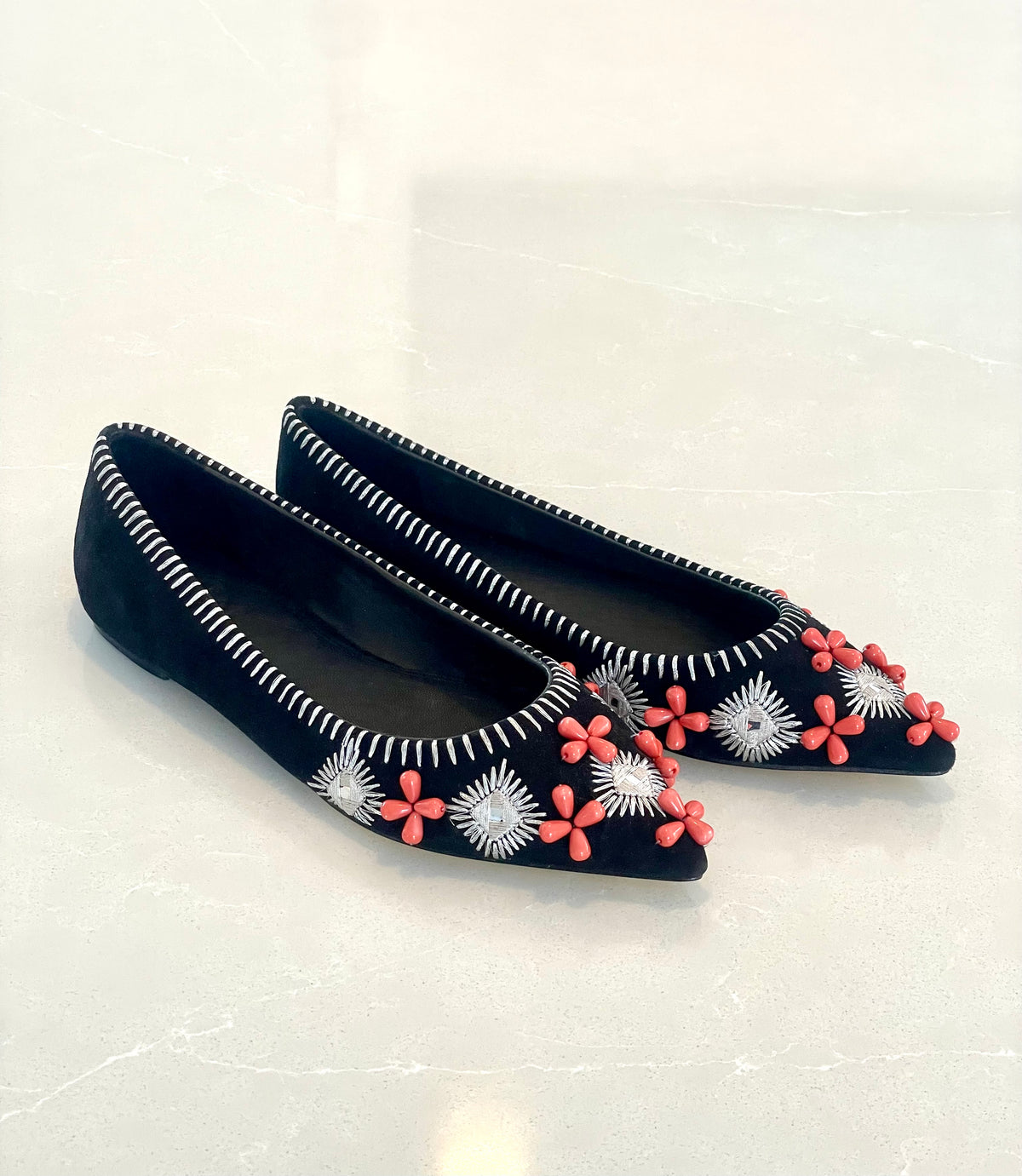 Tory Burch New Pointy Toe Black Suede Flats with Embroidery