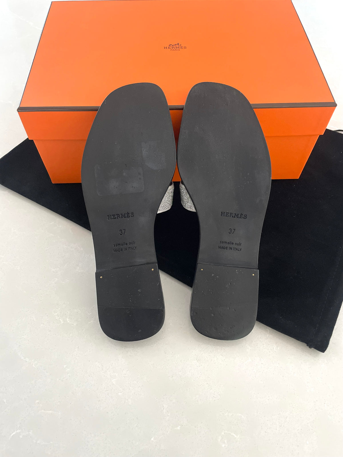 Hermès Oran Silver glitter Slide Sandals