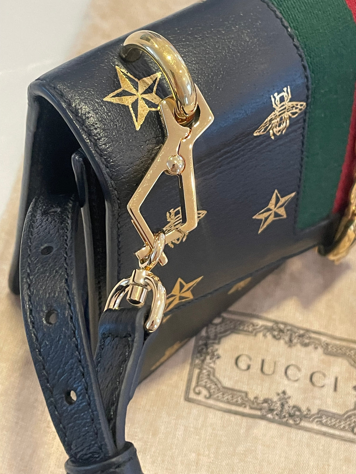 Gucci Sylvie Bee Star Medium Black with Ribbon strap