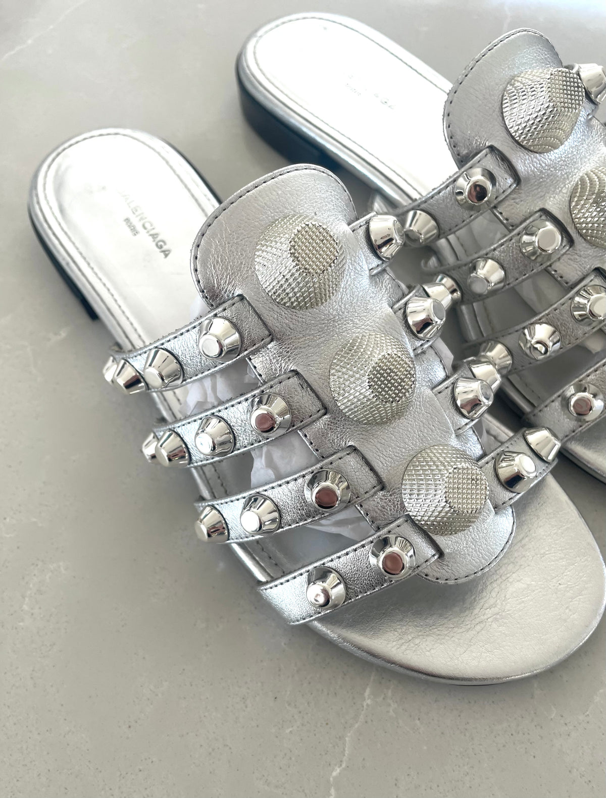 Balenciaga Arena Metallic Stud-Embellished Slide Sandals
