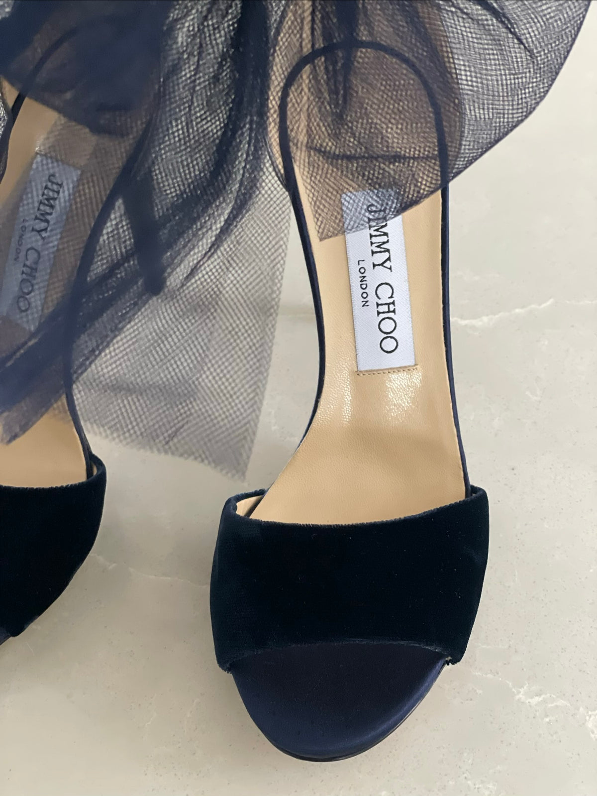 Jimmy Choo Lilith Midnight Blue Velvet Tulle Bow Stiletto