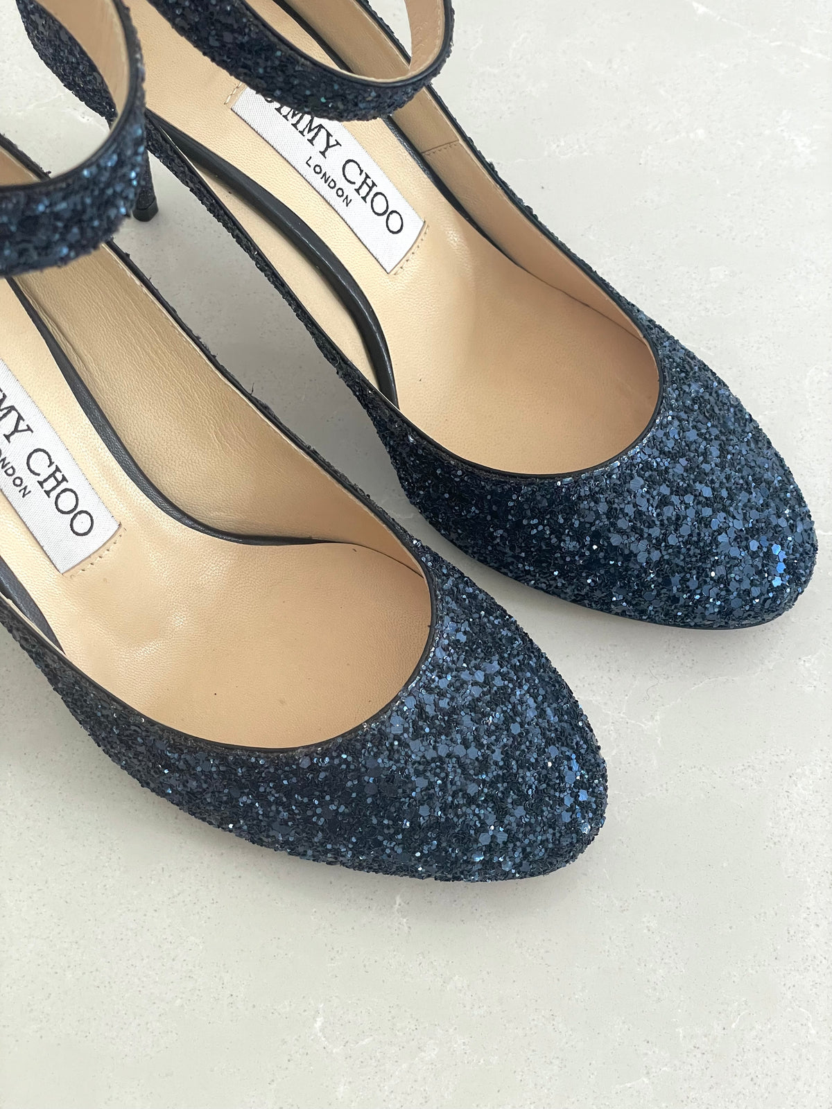 Jimmy Choo Helena Navy Blue Glitter Ankle-Strap Stilettos Heels