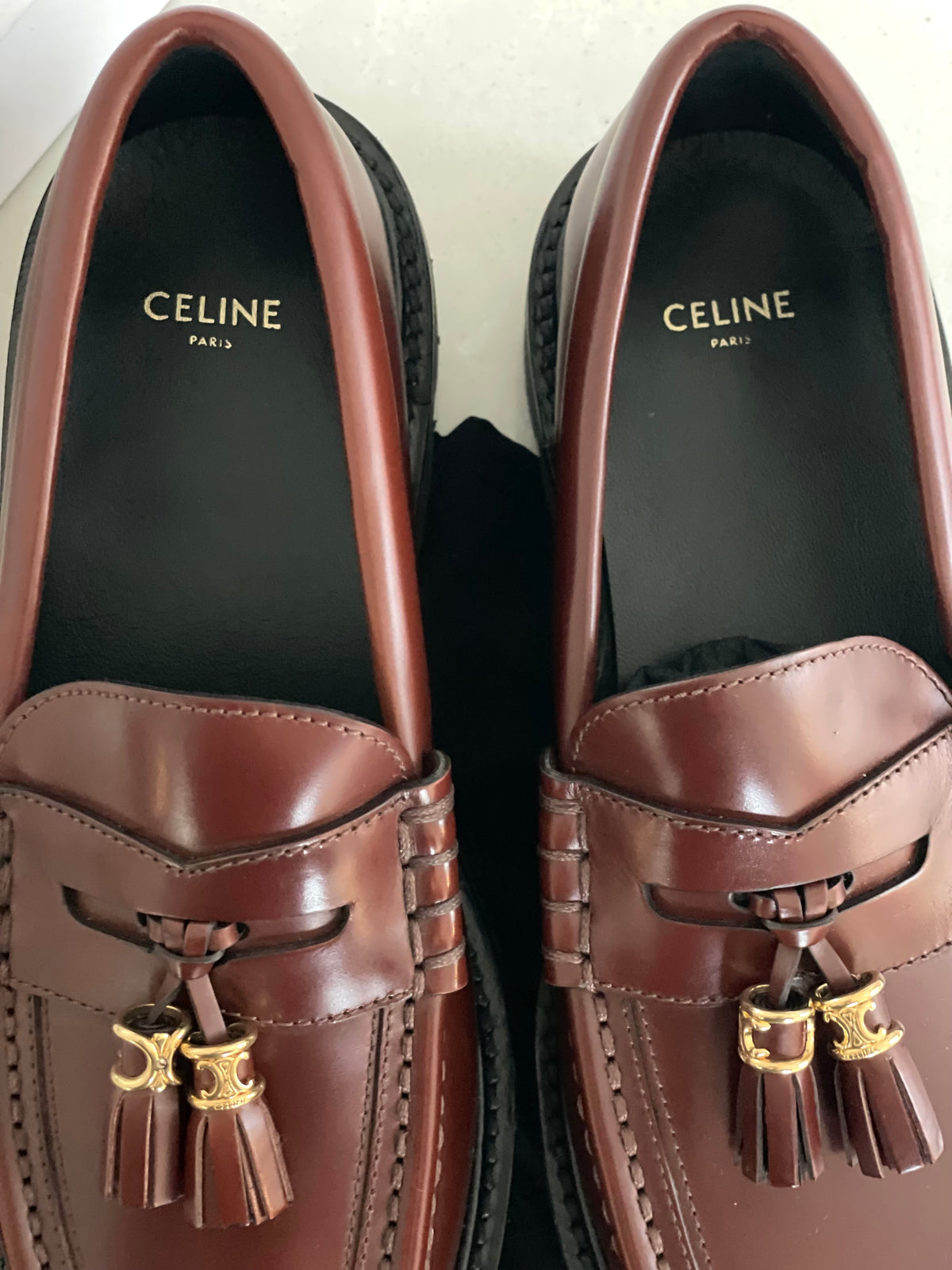 Celine Triomphe Burgundy Tassel Chunky Sole Leather Loafers