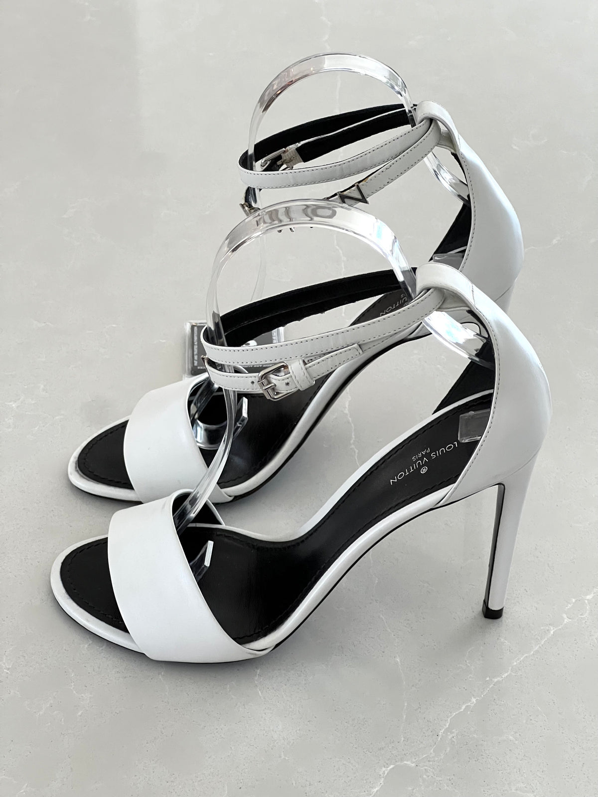 Louis Vuitton Strapy White Leather Ankle-Strap Stiletto Sandals