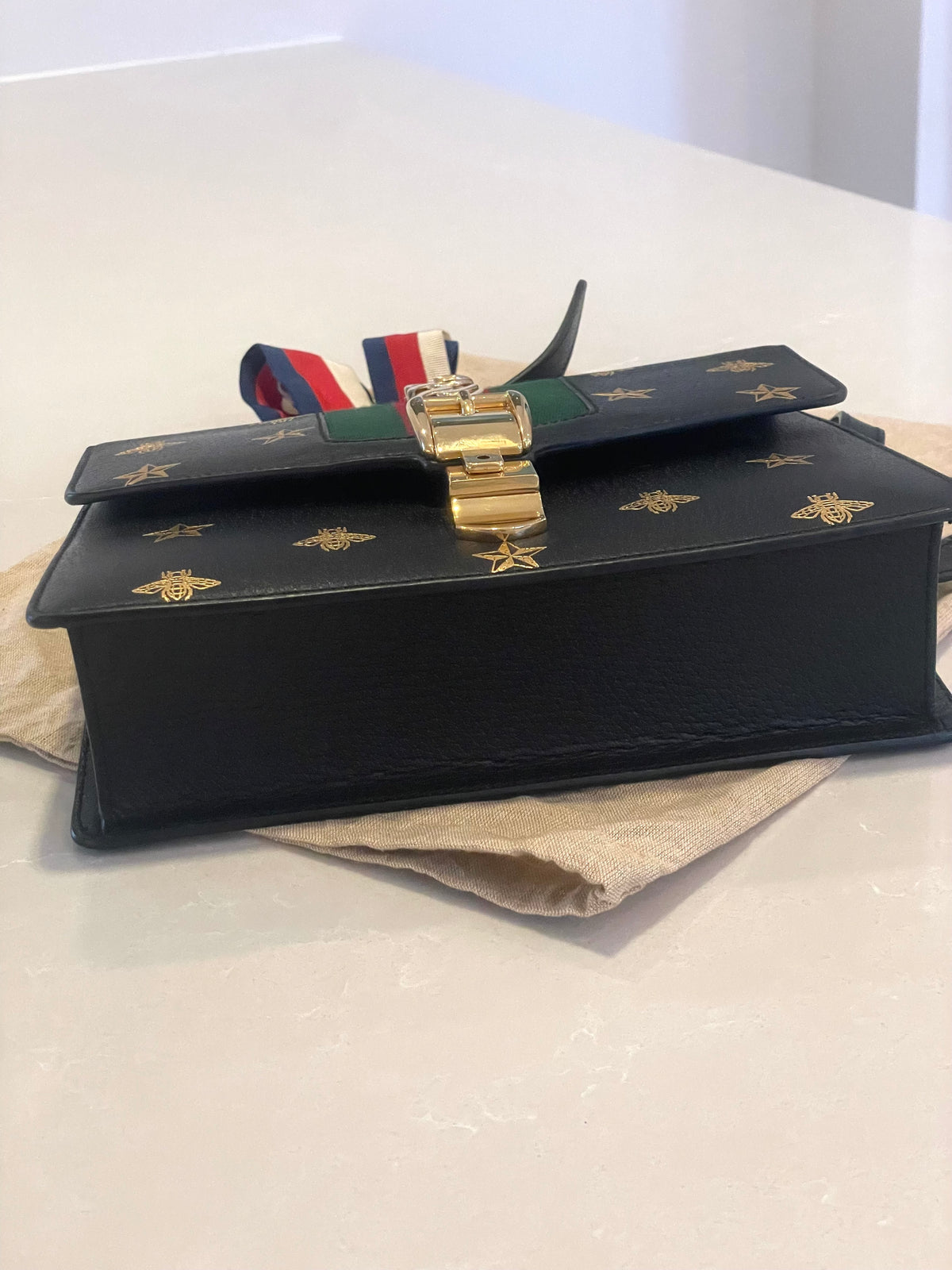 Gucci Sylvie Bee Star Medium Black with Ribbon strap