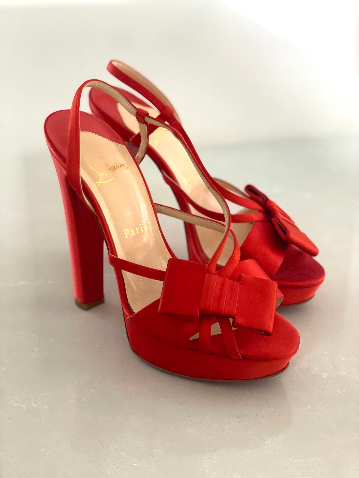 Christian Louboutin Red Satin Platform Slingback Heels with Bow Accent