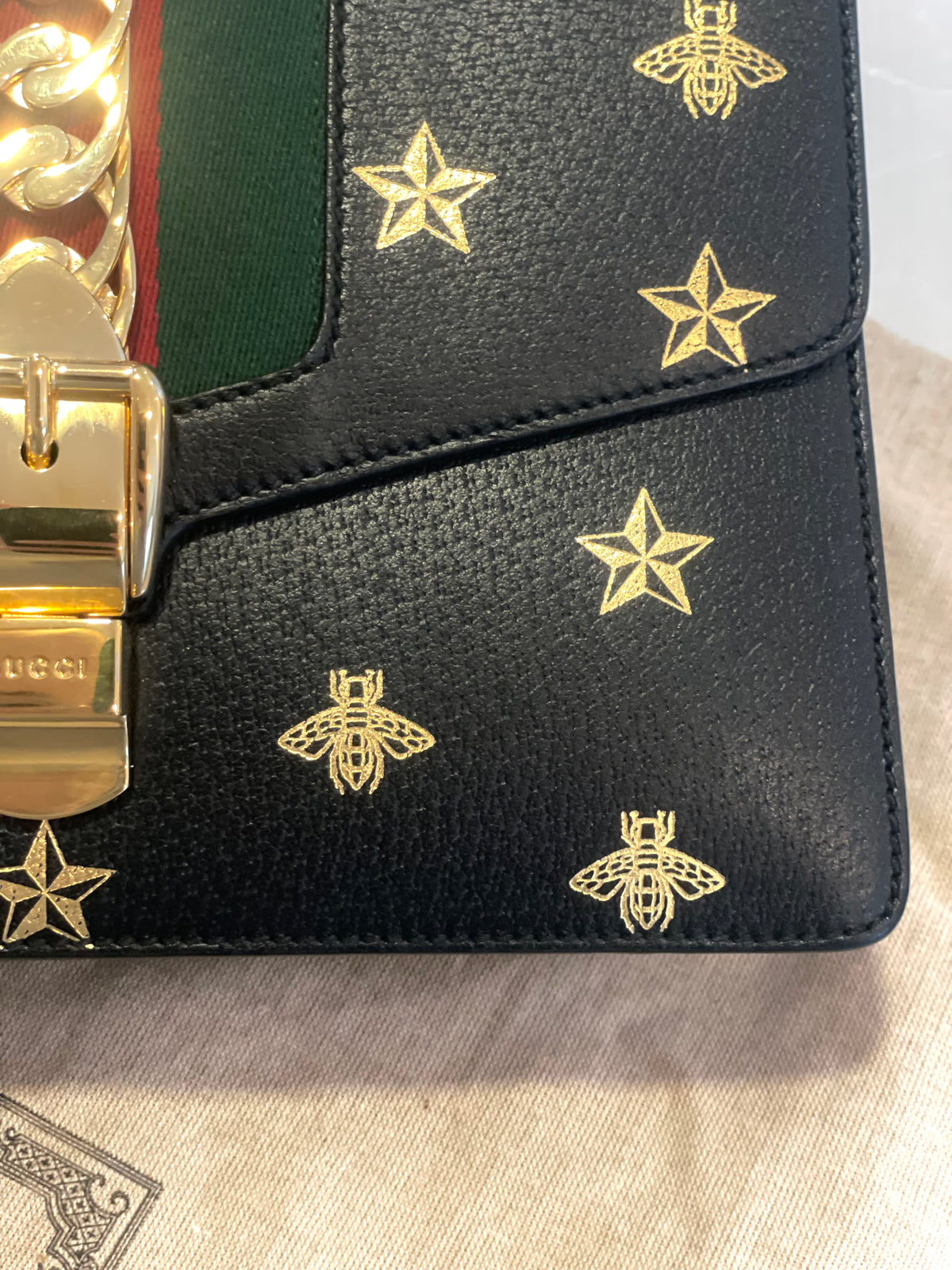 Gucci Sylvie Bee Star Medium Black with Ribbon strap