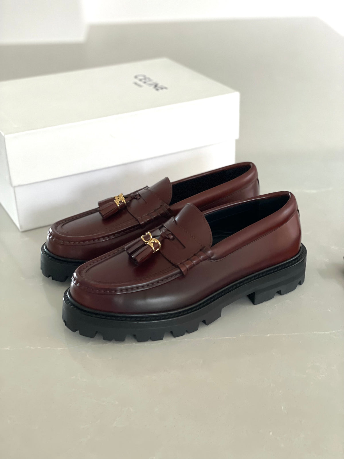 Celine Triomphe Burgundy Tassel Chunky Sole Leather Loafers