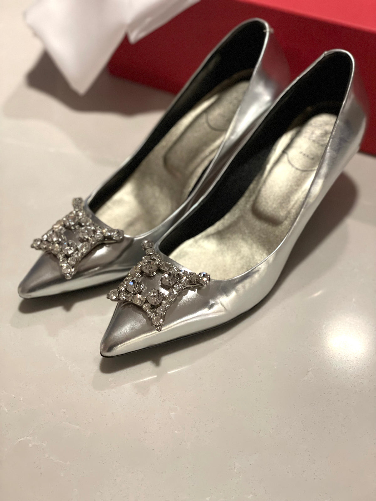 Roger Vivier Flower Strass Buckle Silver Embellished Kitten Heels