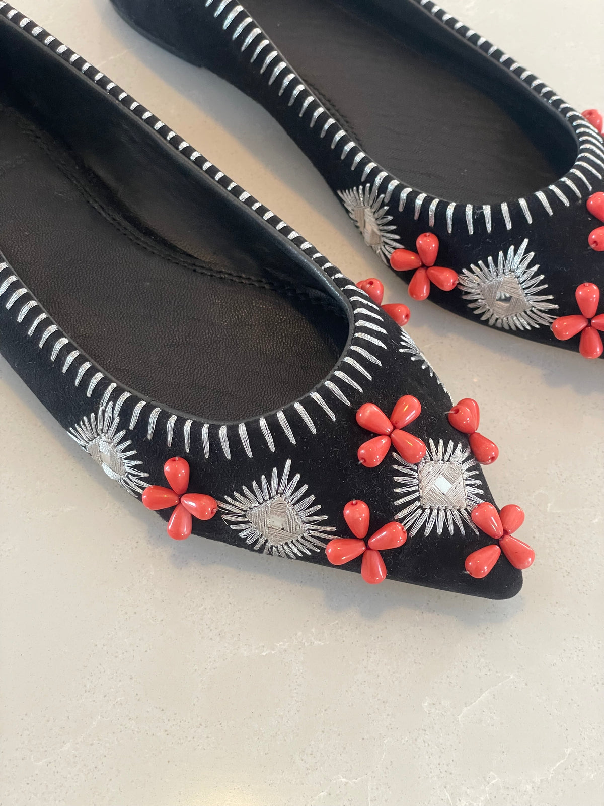 Tory Burch New Pointy Toe Black Suede Flats with Embroidery