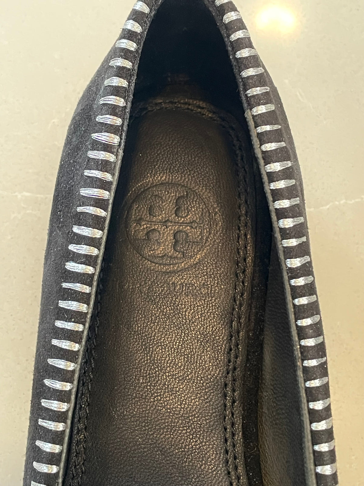Tory Burch New Pointy Toe Black Suede Flats with Embroidery