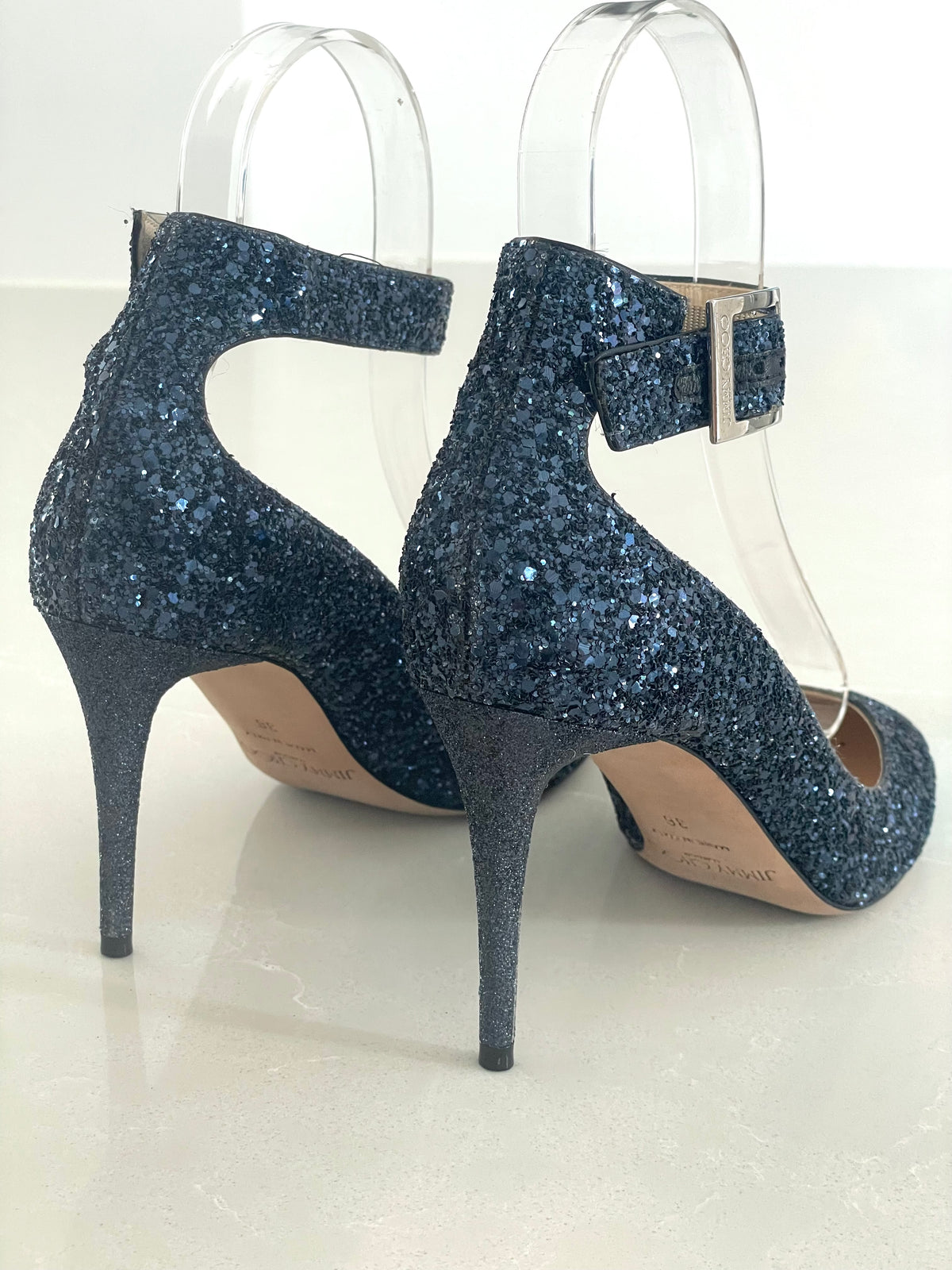 Jimmy Choo Helena Navy Blue Glitter Ankle-Strap Stilettos Heels