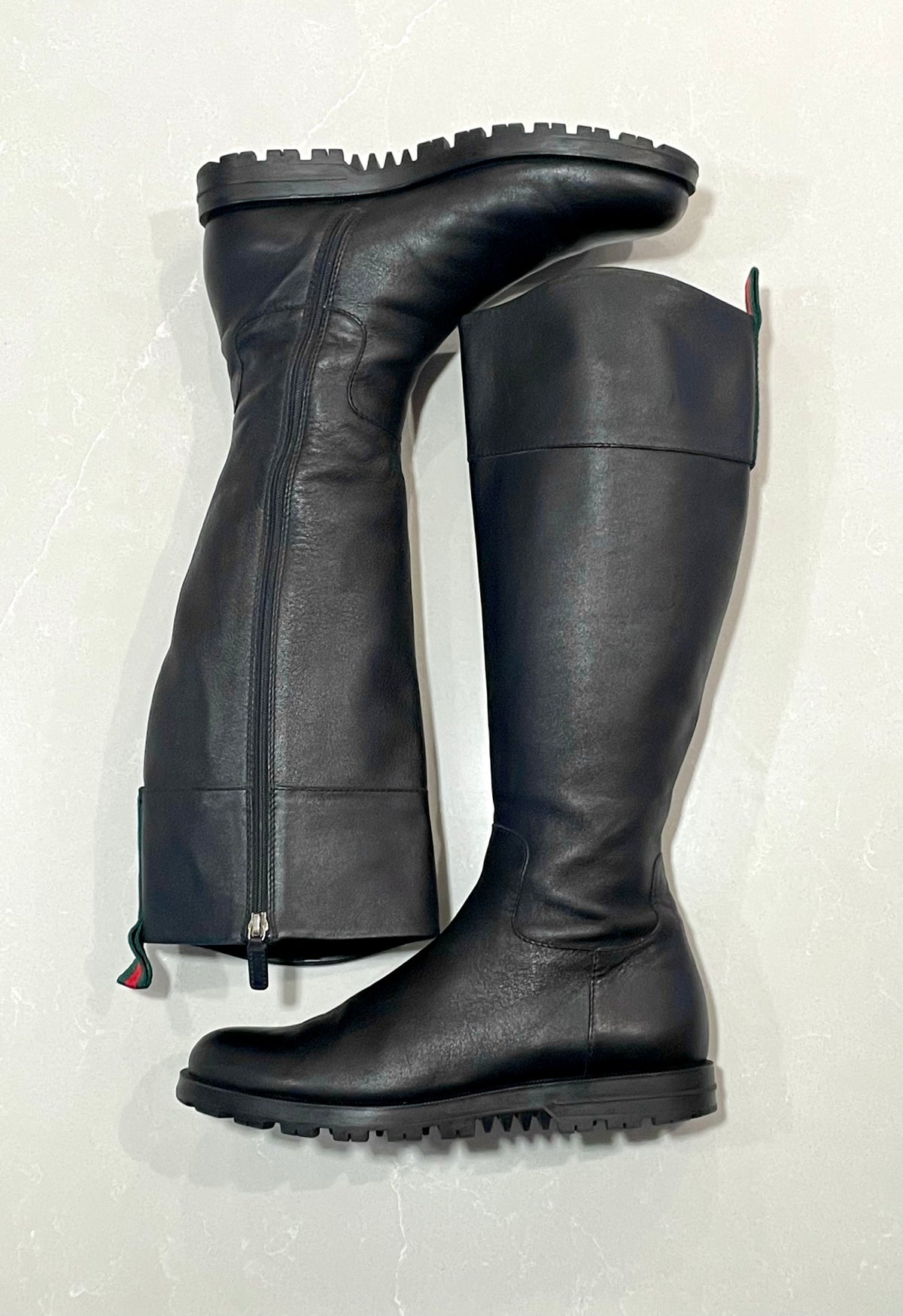 Gucci Black Leather High Boots with Signature Brand’s Ribbon