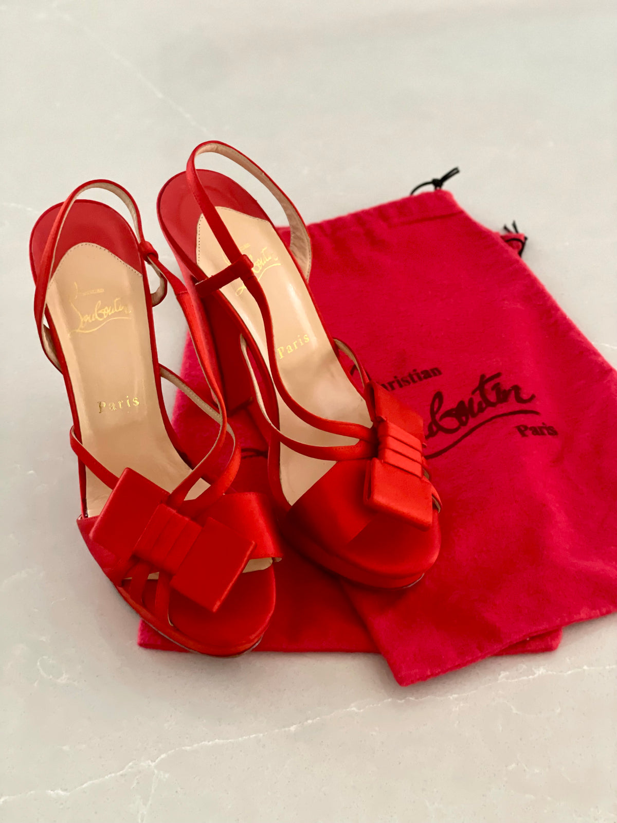 Christian Louboutin Red Satin Platform Slingback Heels with Bow Accent