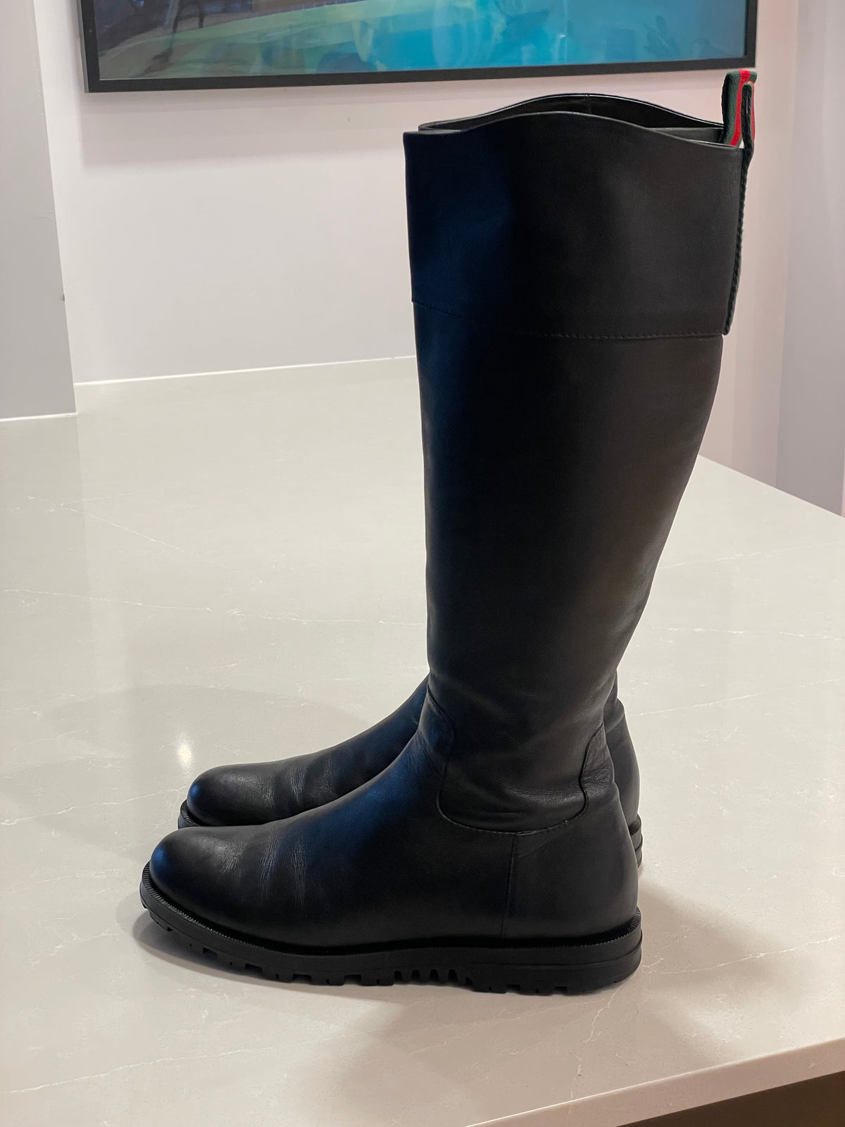 Gucci Black Leather High Boots with Signature Brand’s Ribbon