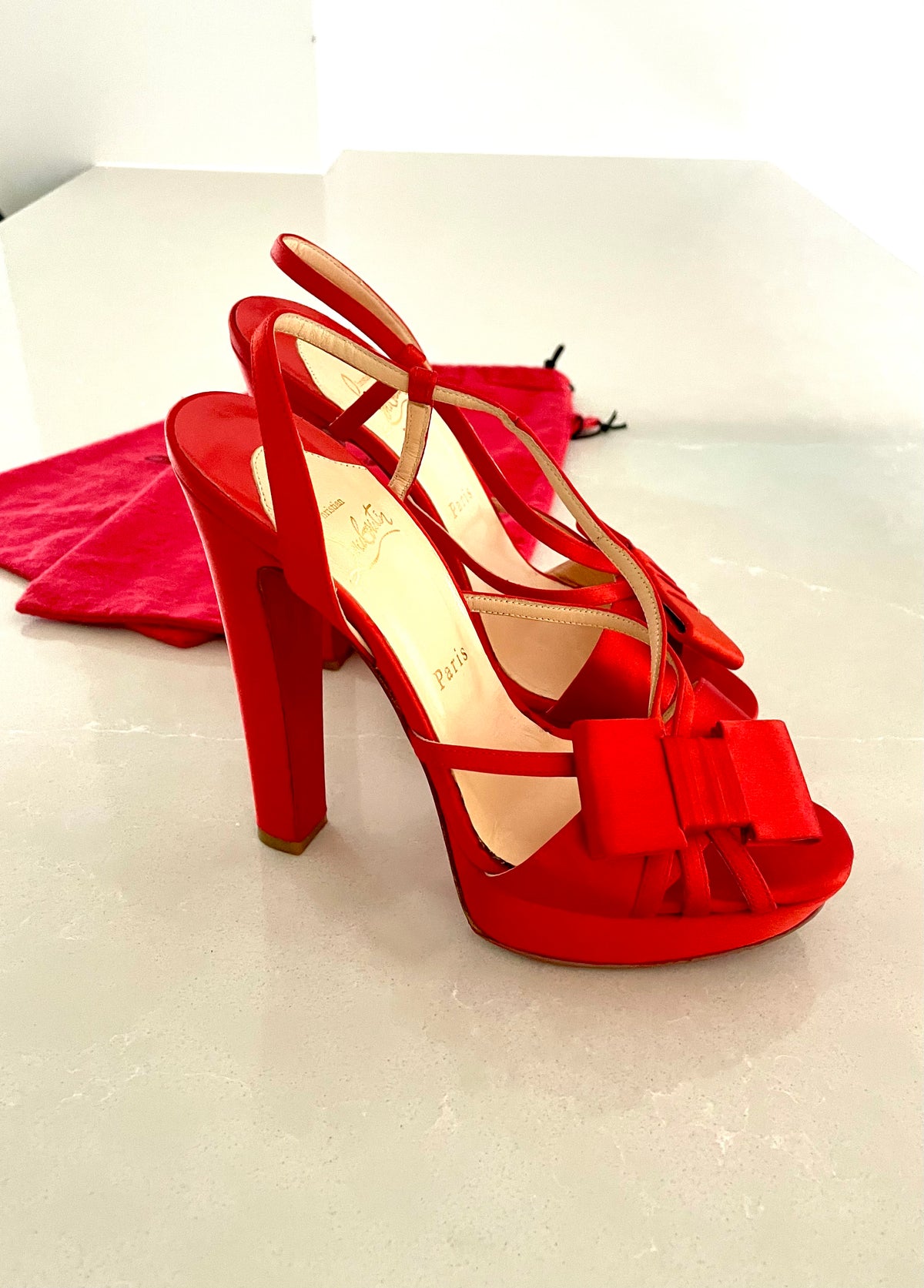 Christian Louboutin Red Satin Platform Slingback Heels with Bow Accent