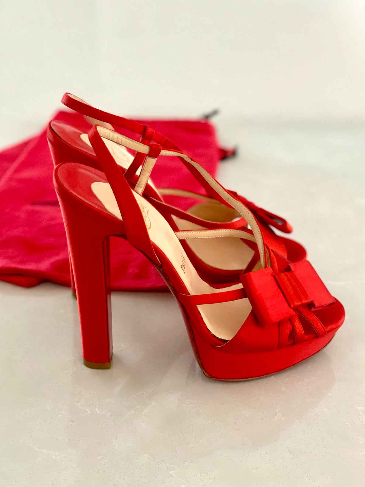 Christian Louboutin Red Satin Platform Slingback Heels with Bow Accent