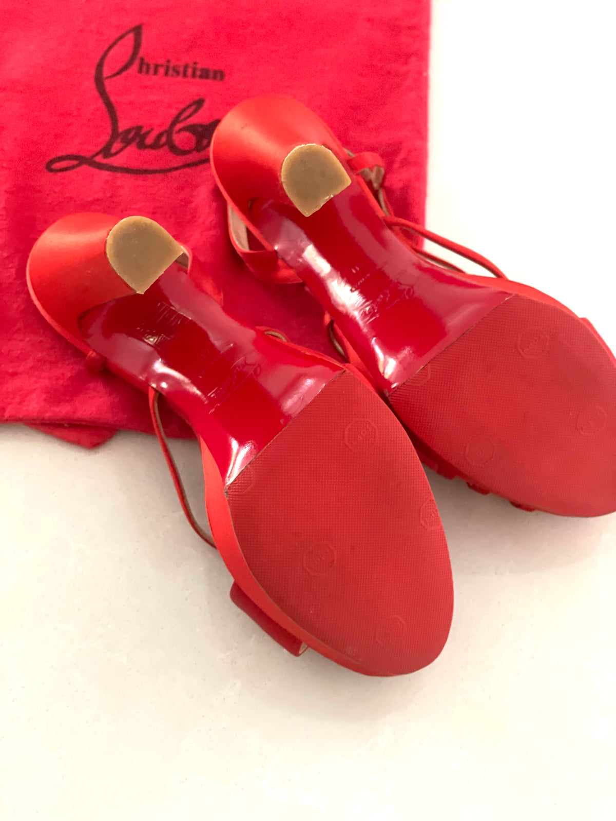 Christian Louboutin Red Satin Platform Slingback Heels with Bow Accent