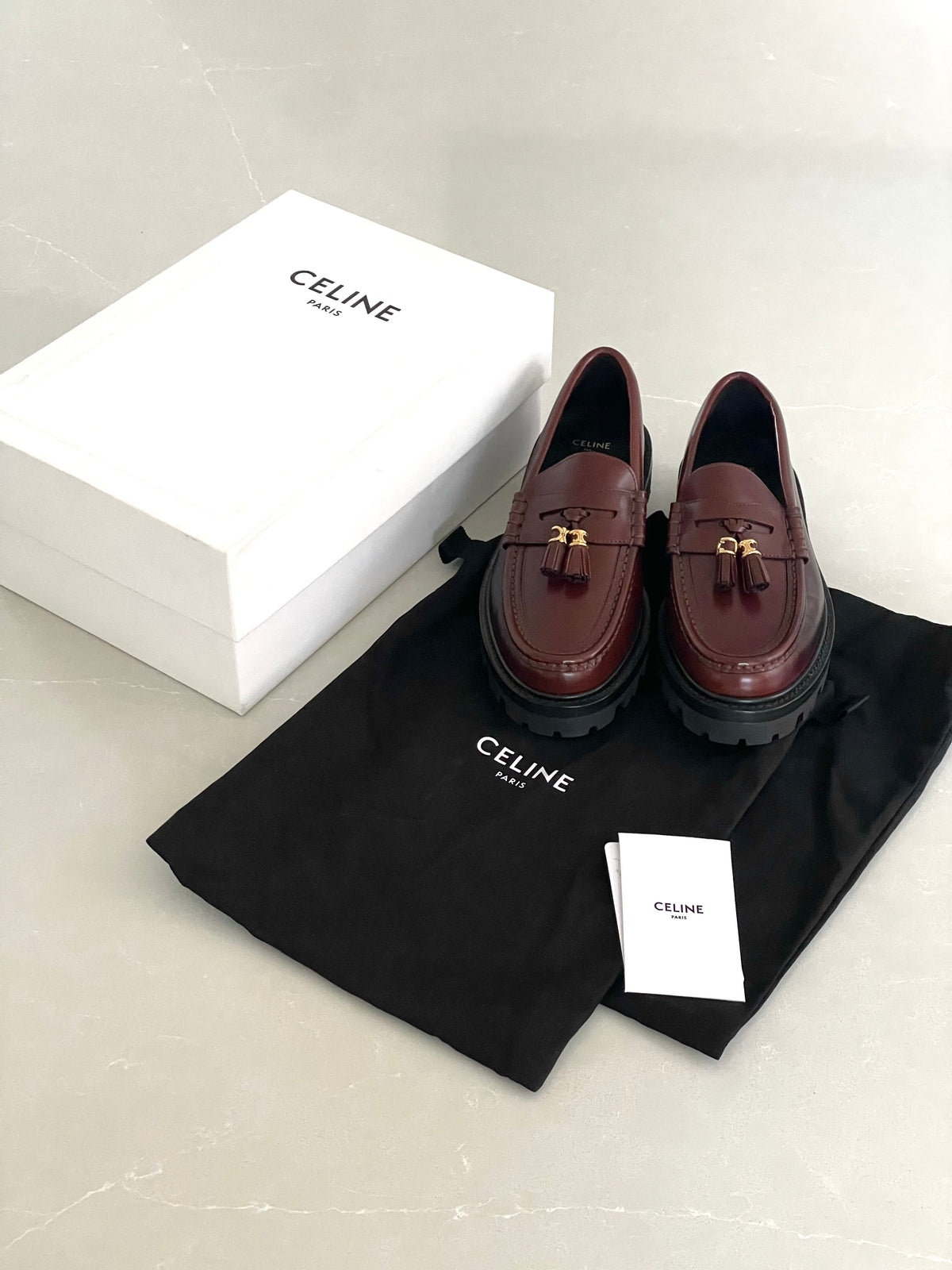 Celine Triomphe Burgundy Tassel Chunky Sole Leather Loafers