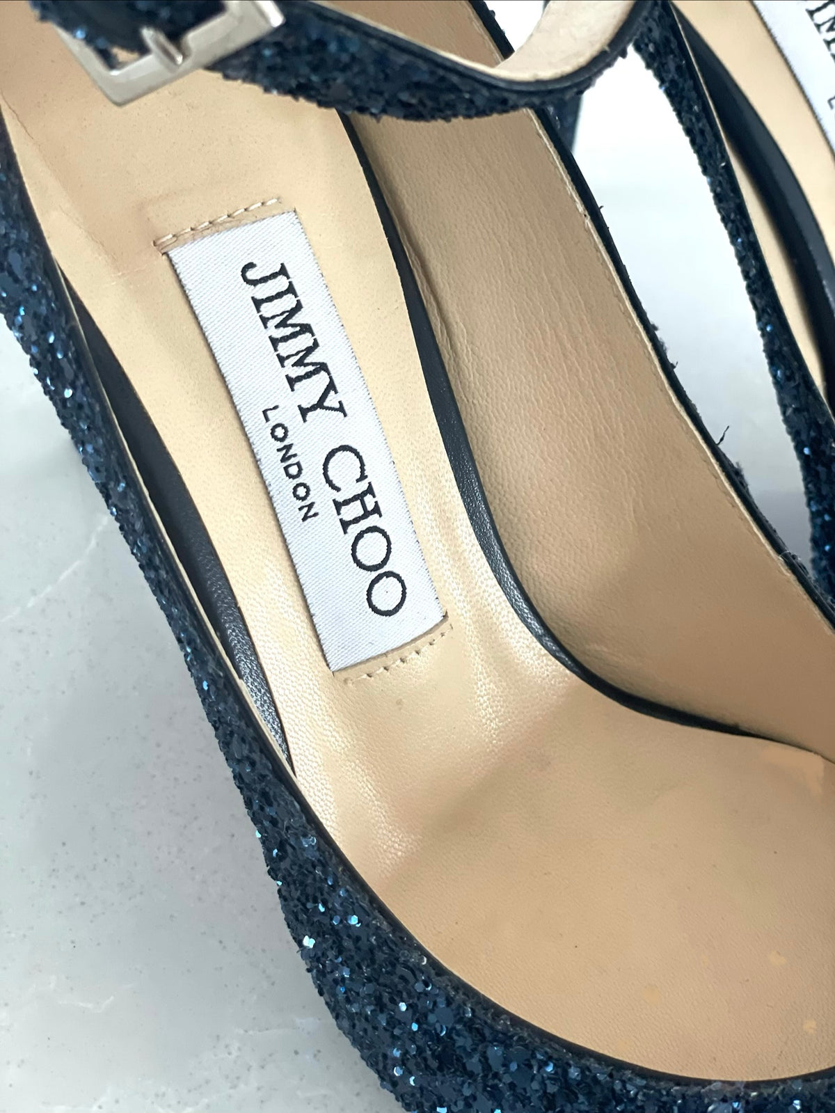 Jimmy Choo Helena Navy Blue Glitter Ankle-Strap Stilettos Heels
