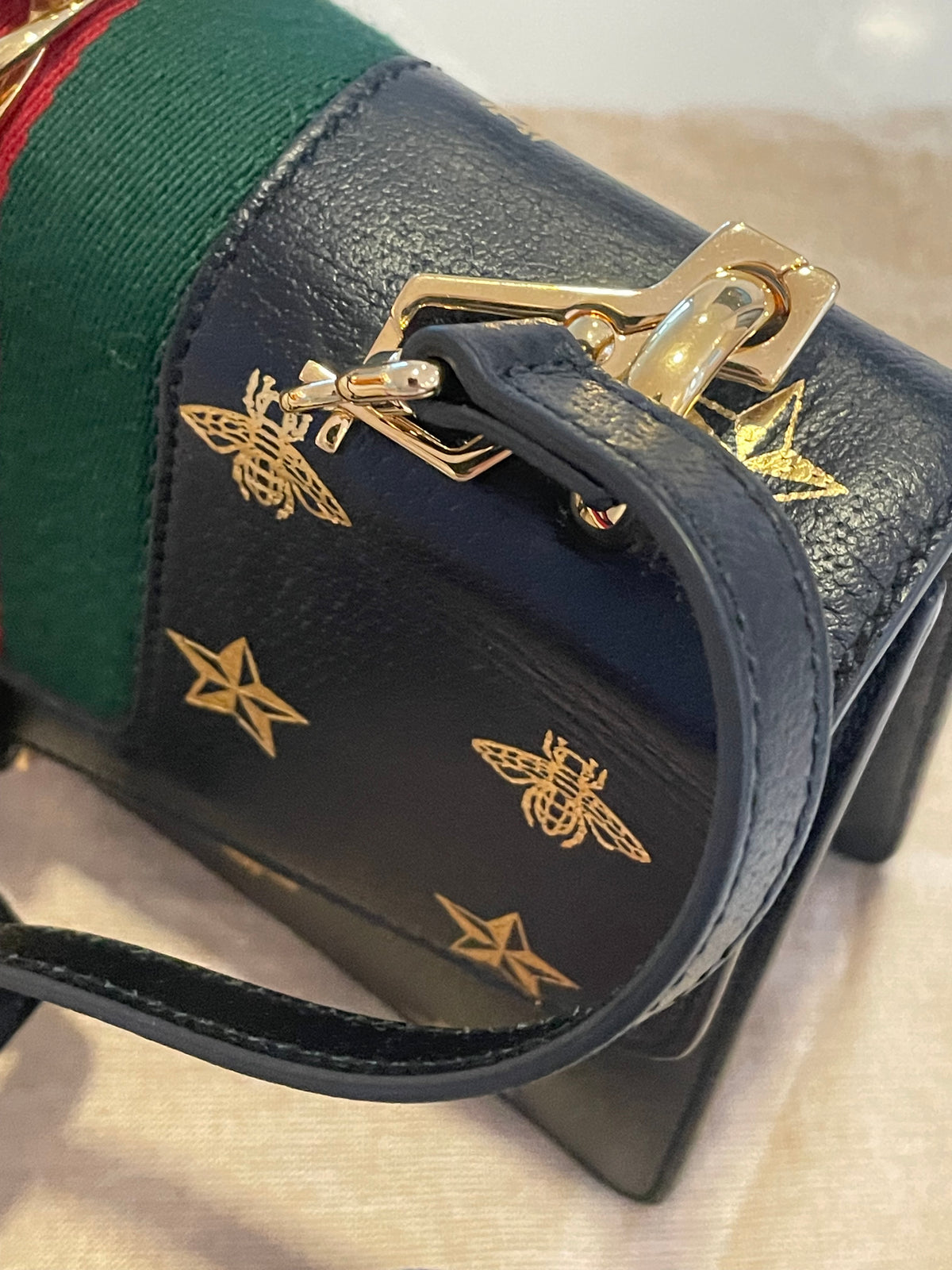 Gucci Sylvie Bee Star Medium Black with Ribbon strap