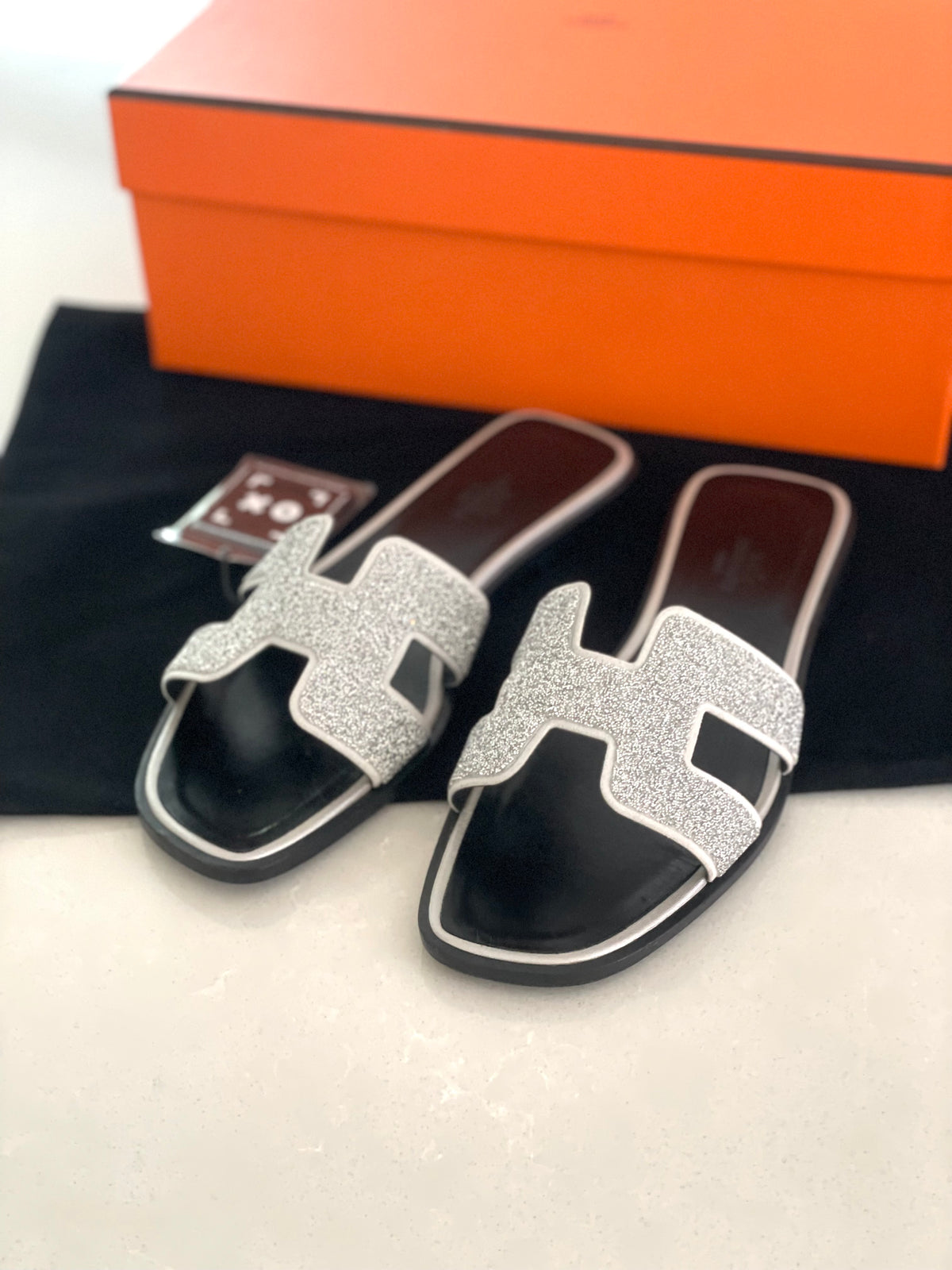Hermès Oran Silver glitter Slide Sandals