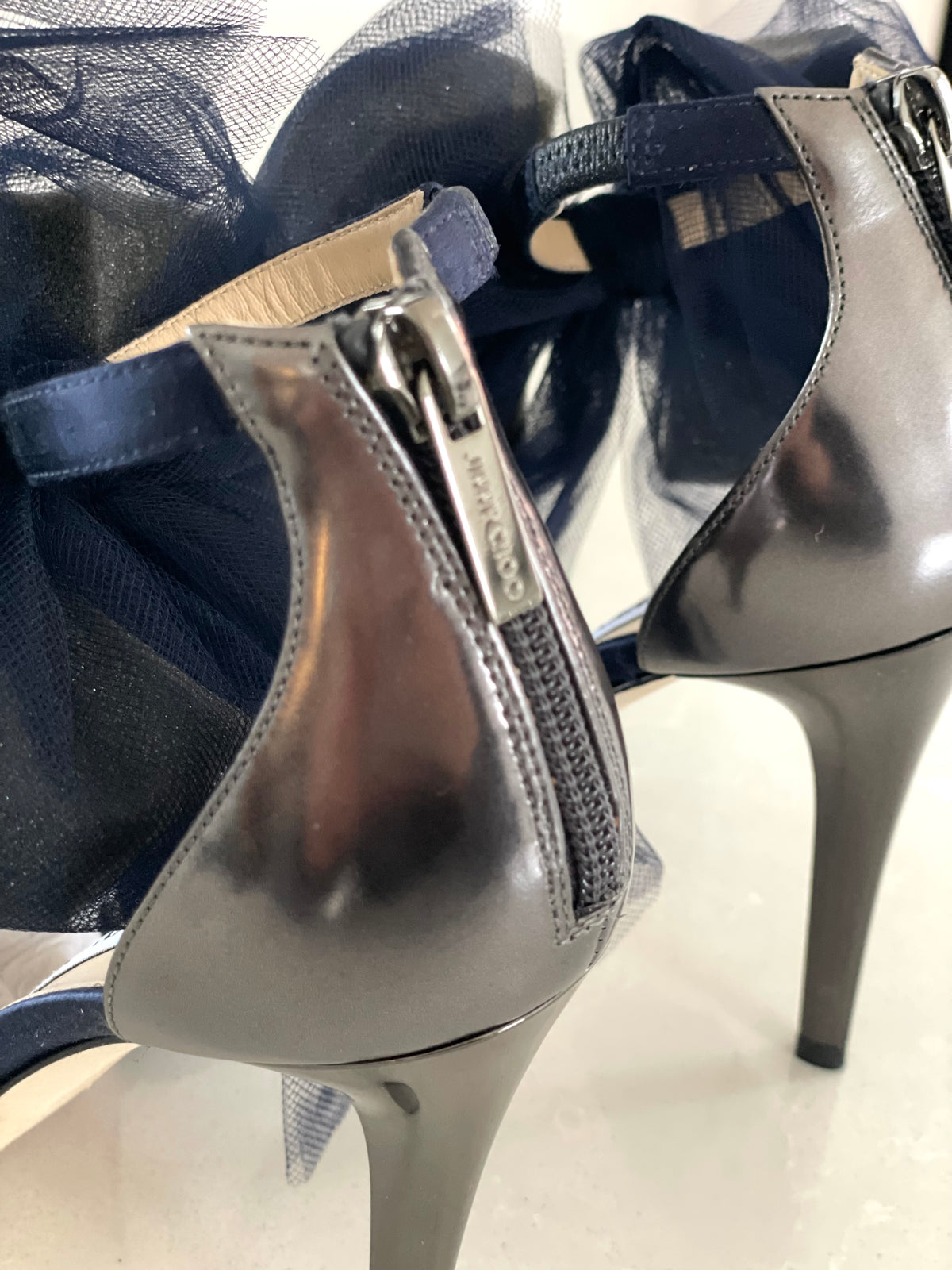 Jimmy Choo Lilith Midnight Blue Velvet Tulle Bow Stiletto