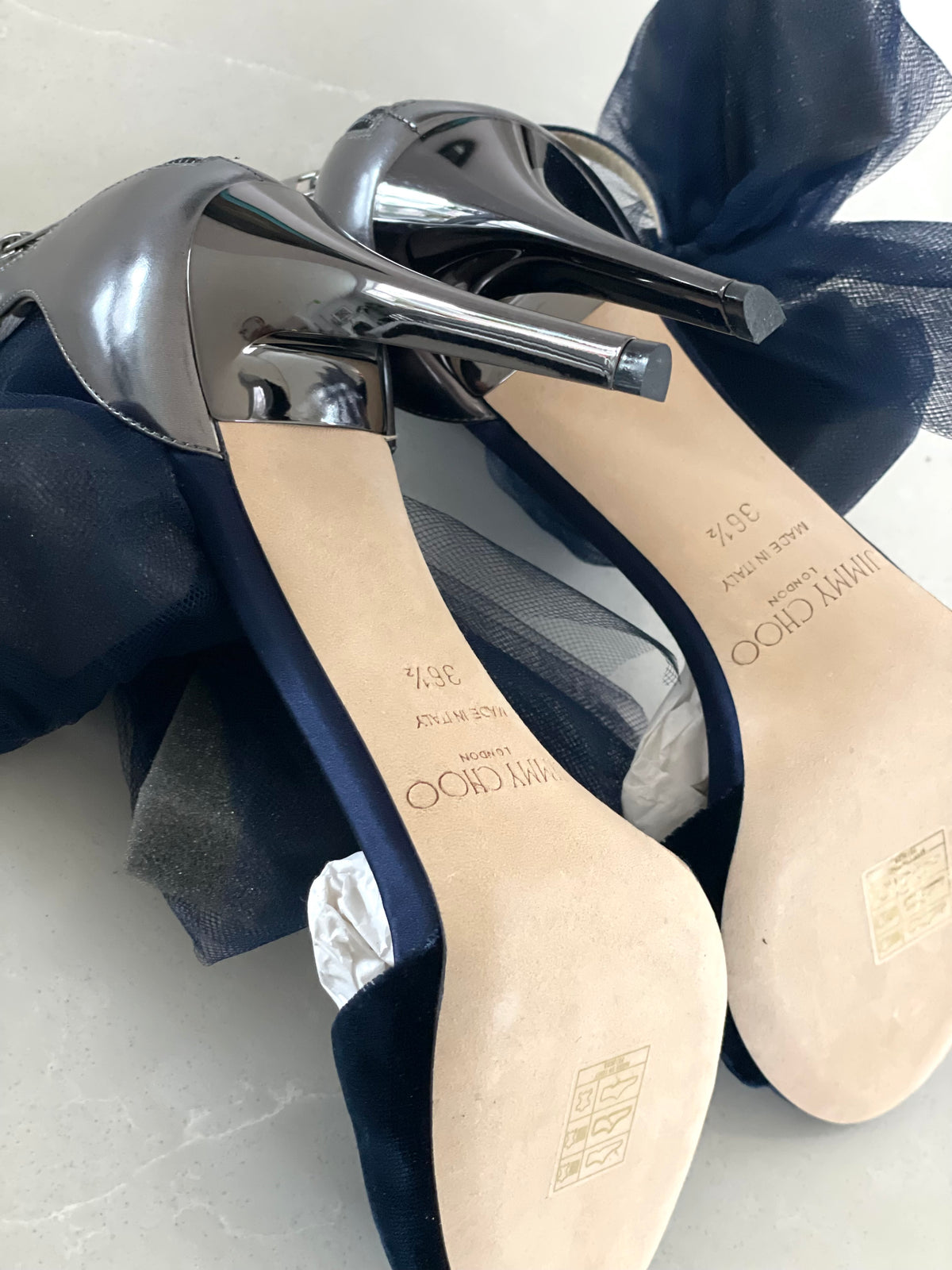 Jimmy Choo Lilith Midnight Blue Velvet Tulle Bow Stiletto