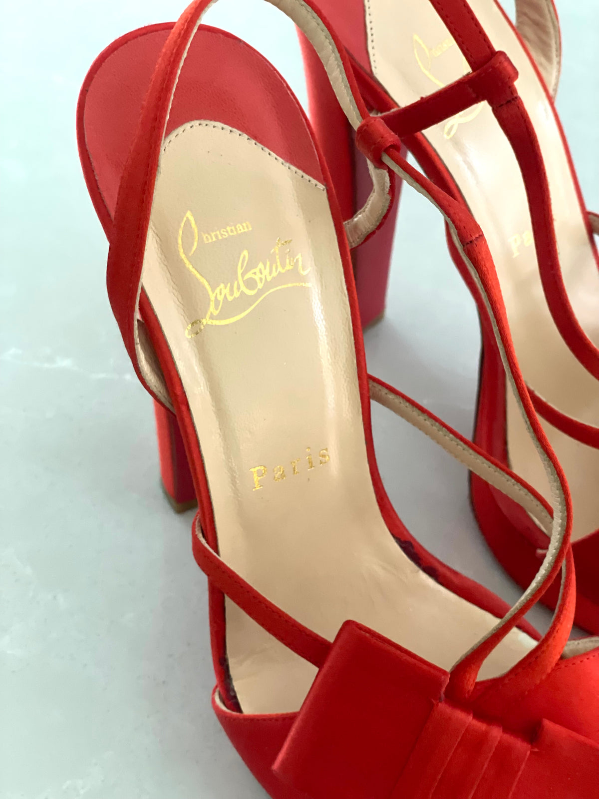 Christian Louboutin Red Satin Platform Slingback Heels with Bow Accent