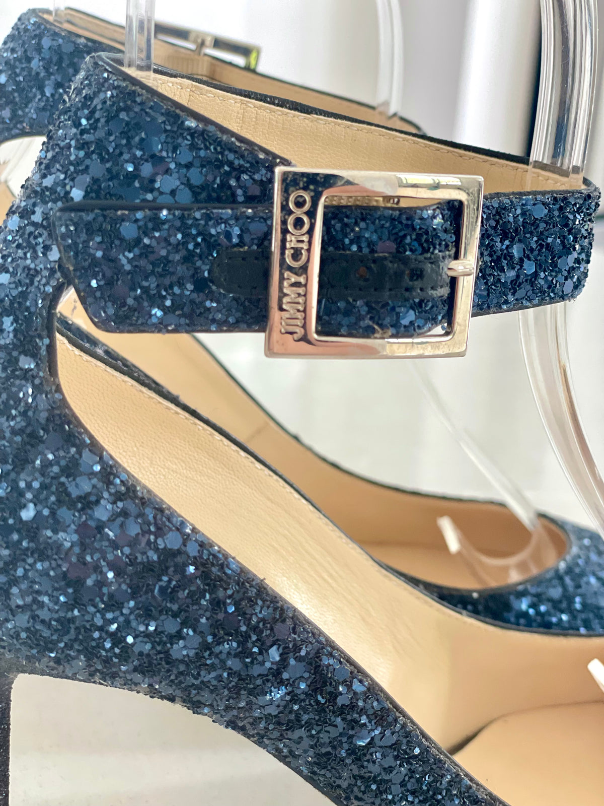 Jimmy Choo Helena Navy Blue Glitter Ankle-Strap Stilettos Heels