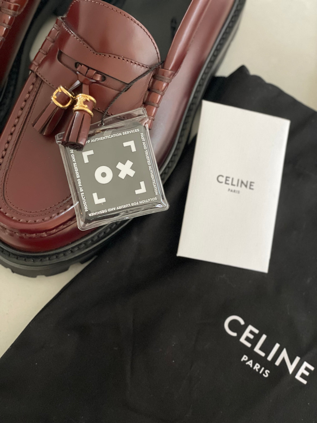 Celine Triomphe Burgundy Tassel Chunky Sole Leather Loafers