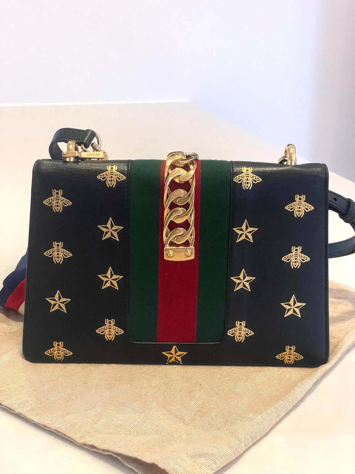 Gucci Sylvie Bee Star Medium Black with Ribbon strap