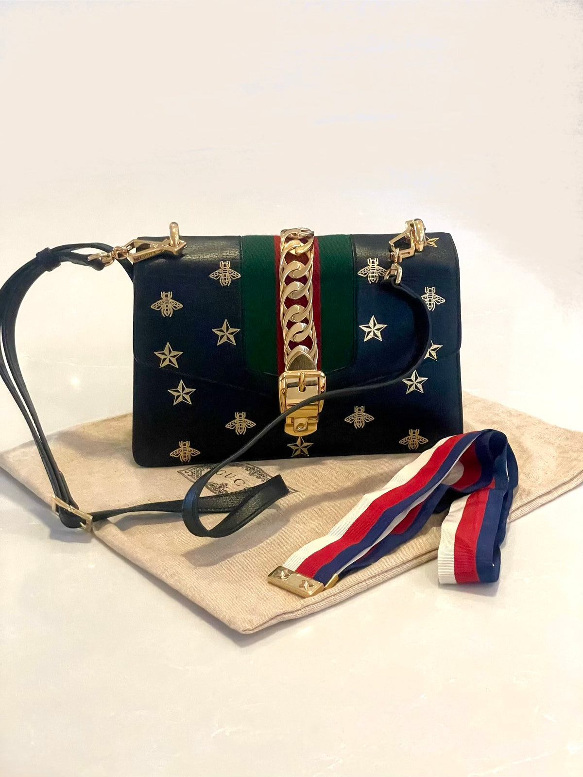 Gucci Sylvie Bee Star Medium Black with Ribbon strap