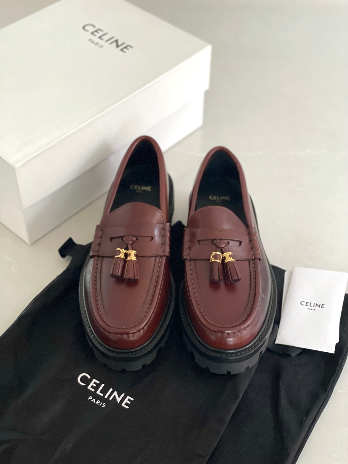 Celine Triomphe Burgundy Tassel Chunky Sole Leather Loafers