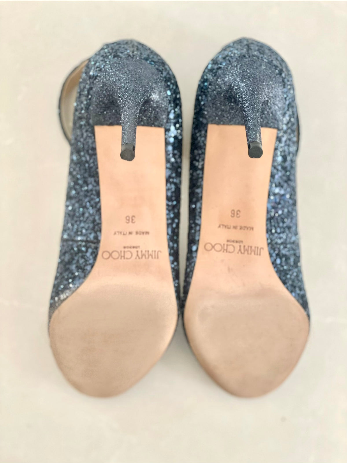 Jimmy Choo Helena Navy Blue Glitter Ankle-Strap Stilettos Heels