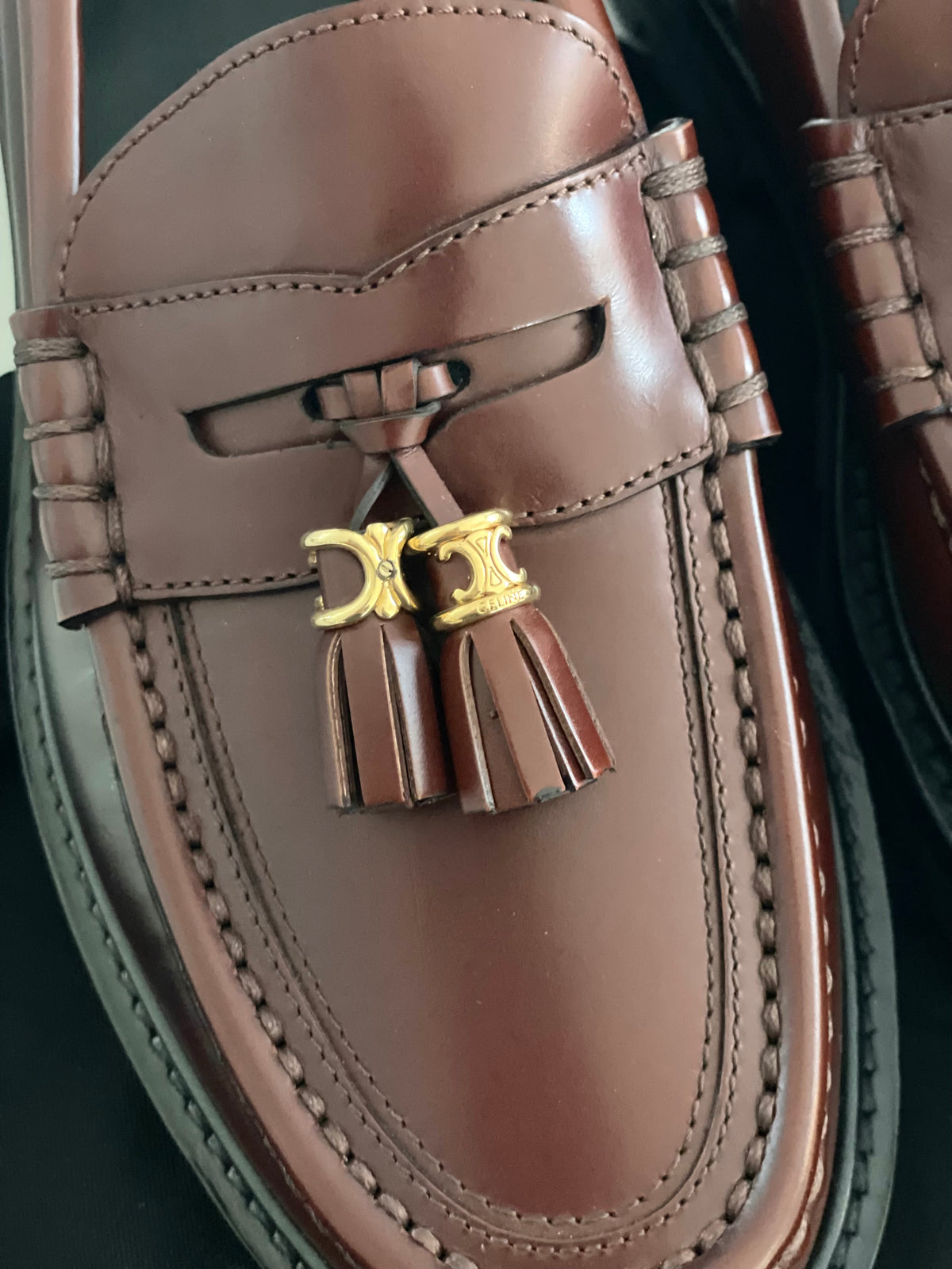 Celine Triomphe Burgundy Tassel Chunky Sole Leather Loafers