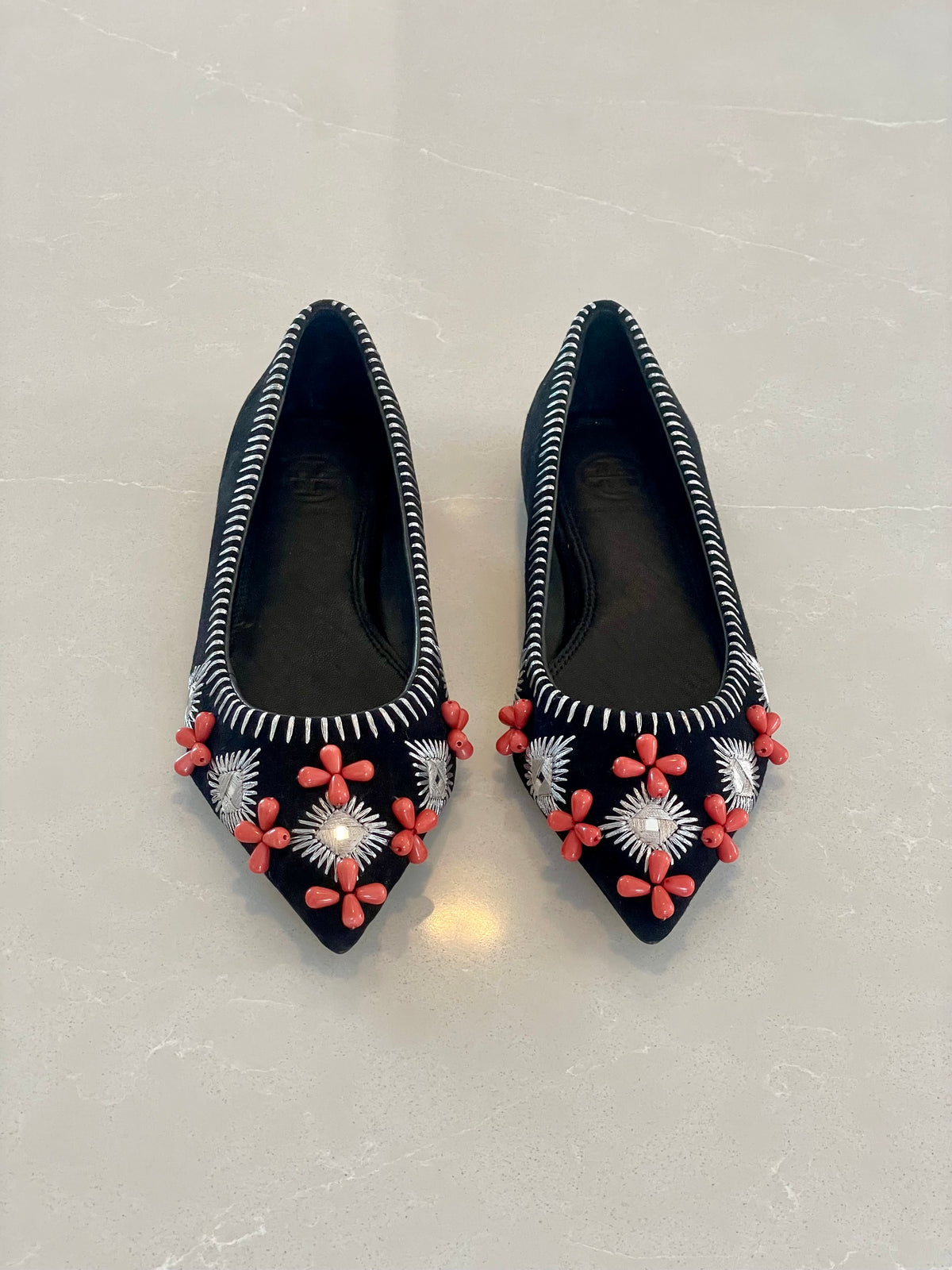 Tory Burch New Pointy Toe Black Suede Flats with Embroidery