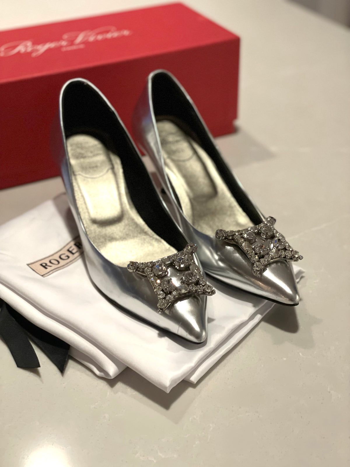 Roger Vivier Flower Strass Buckle Silver Embellished Kitten Heels